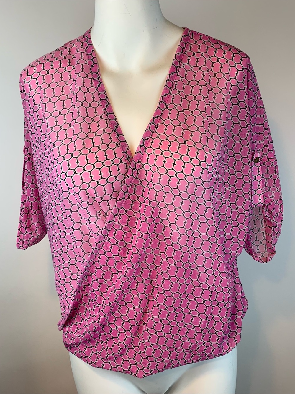 Jennifer Lopez Sheer V Neck Criss Cross Front Short Sleeve Blouse-XS